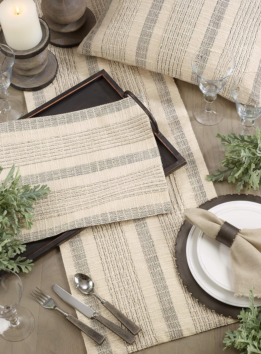Ivory Stripe Woven Table Runner 16"×72"